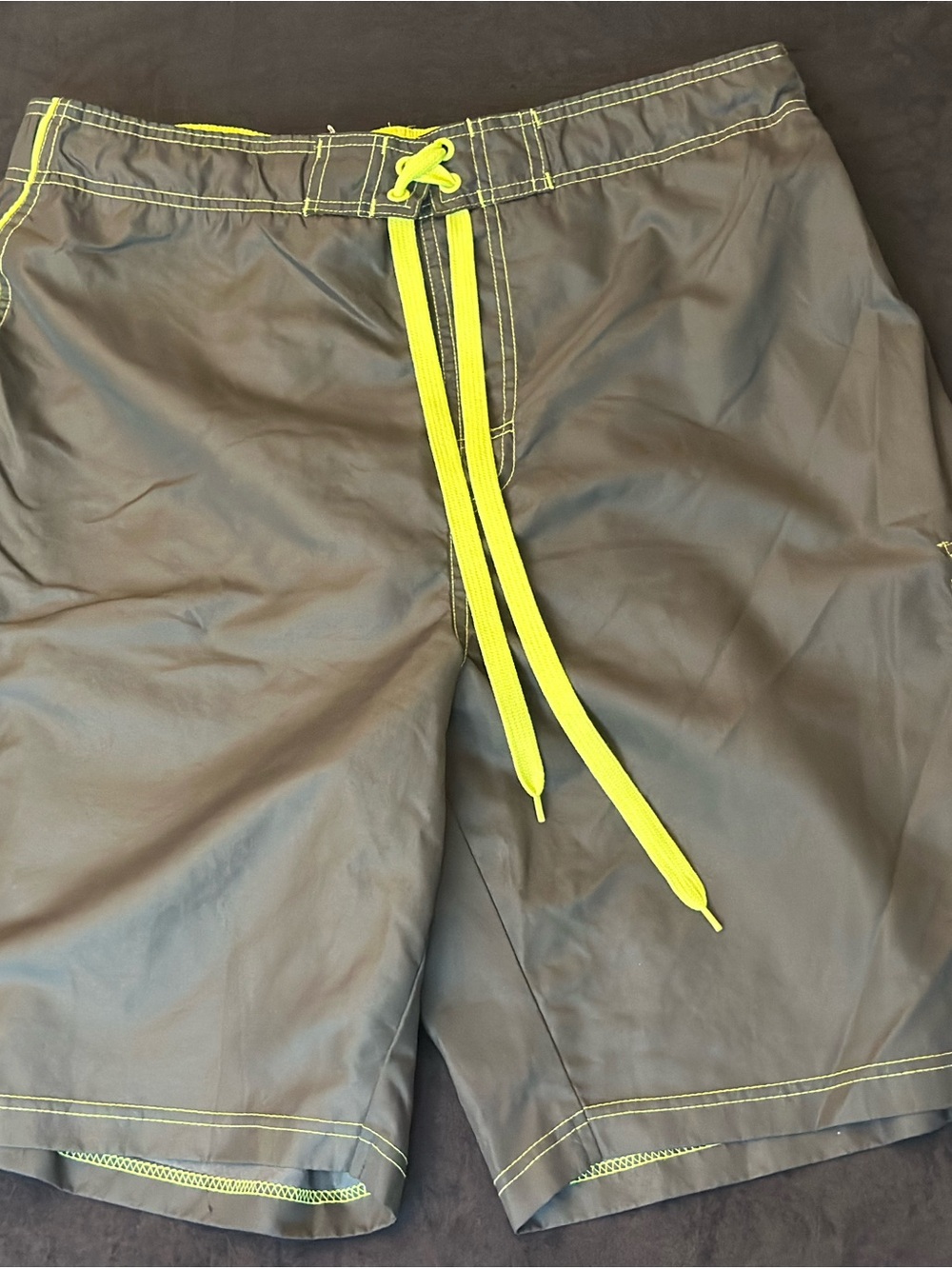 Original Deluxe Gray Swim Board Shorts with Neon Yellow Drawstring